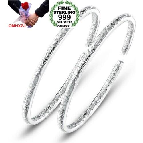 OMHXZJ Wholesale Jewelry Fashion Sweet Bohemia Woman Man Child Fine Pattern 999 Sterling Silver Bracelet Bangles Adjustable SZ49