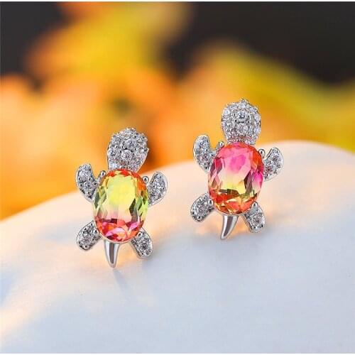 Luxury Female Rainbow Oval Crystal Earrings Classic Silver Color Wedding Earrings For Women Cute Tortoise Small Stud Earrings