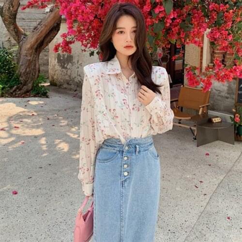 Long Sleeve Shirt Floral Shirt 2021 New Womens Gentle Elegant Style Chiffon Shirt Long Sleeve Top Casual Fashion All-match