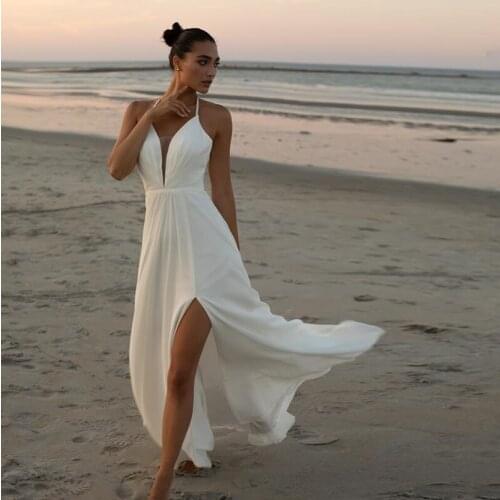 Sexy Criss Cross Back A-Line Wedding Dresses Spaghetti Straps Front Split Floor Length Latest Chiffon Bohemian Beach Bridal Gown