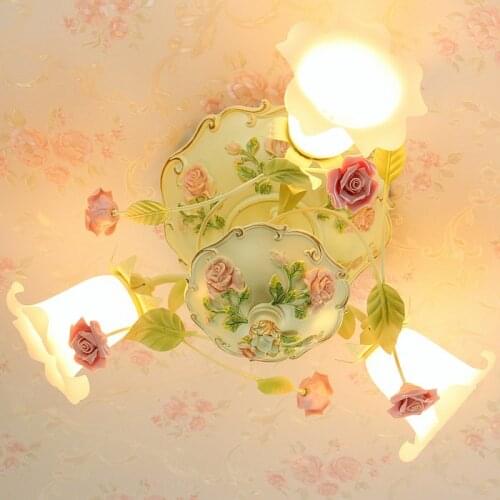 Garden style warm romantic ceramic rose flower glass lampshade living room ceiling light