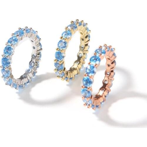 Hip hop Bling Charming AAA+ Zircon Rings Shining Blue Crystal Thin Ring For Personalized CZ Zircon Rapper Cooper Jewelry