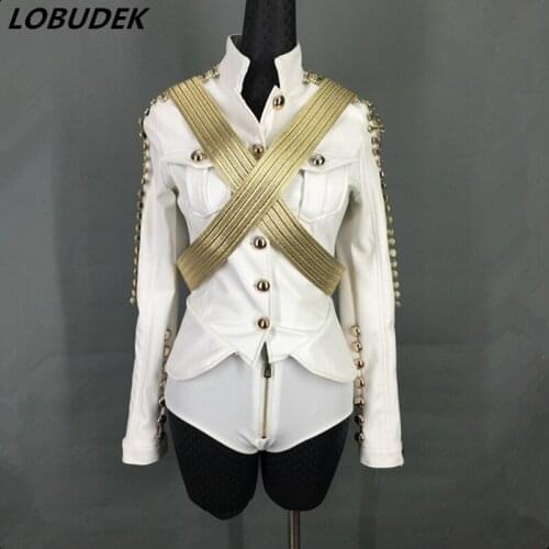 Punk Style Women Nightclub DJ Singer Stage Outfit Black White PU Leather Jacket Shorts Set Concert Modern Dance Show Costumes