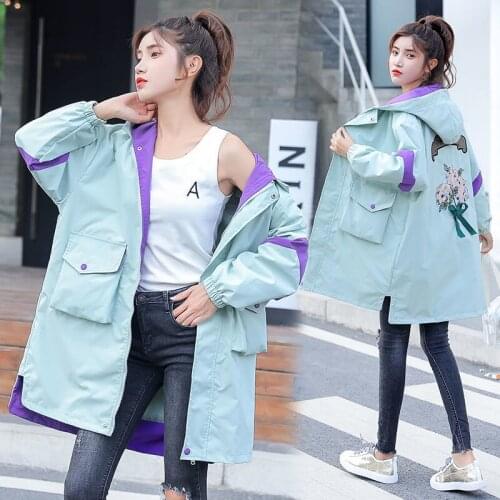 2021Spring Autumn Women Trench Coat New Loose Long Embroidered Overcoat Female Korean Hooded Casual Student Windbreaker coat