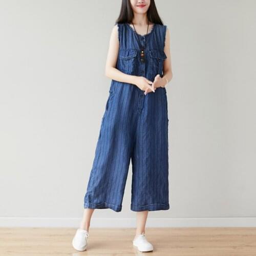 Johnature Women Vintage Denim Cotton Jumpsuits O-Neck Patchwork Pockets Button Sleeveless Blue Striped 2021 Spring New Jumpsuits