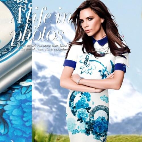 118*110cm 19mm 93% silk & 7% spandex blue china print silk satin fabric for summer dress shirt clothes cheongsam