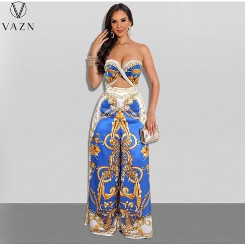 VAZN 2021 Early Autumn Young Indie Folk Sexy Chiffon Free Strapless Sleeveless Sexy Club Women Slim Long Wide Leg Jumpsuits