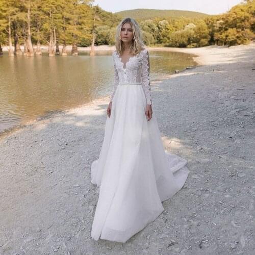 Bohemian Wedding Dresses Long Sleeves Lace A-Line Princess Beach Wedding Gowns White Custom Made Bridal Dress 2020