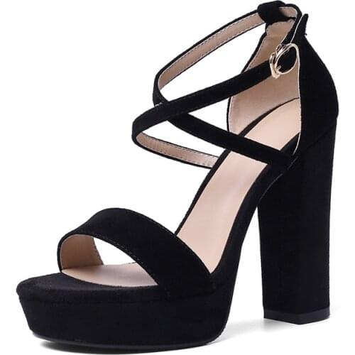 Natural Suede Women High Thick Heels Sandals Fashion Ladies Party Shoes Sexy Black Summer Female Ankle Strap Platform Shoes 2021