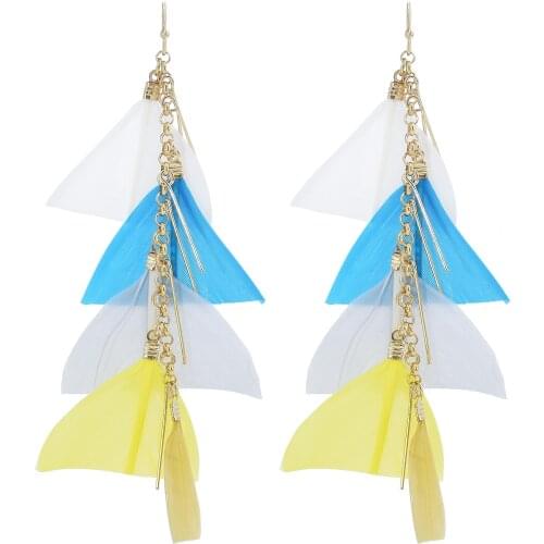Bohemian Ethnic Feather Long Tassel Hanging Earrings Gold Metal Geometric Feather Drop Earring Summer Holiday Party Jewelry Gift