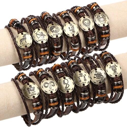 60pcs/lot 12 Constellation Zodiac Braided Brown Leather Bracelets Bangles For Men Women Punk Aries Leo Libra Jewelry Wholesale