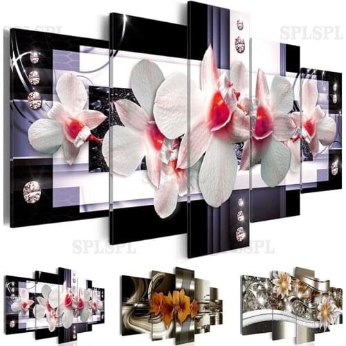 Living Room Home Decor Canvas Prints Poster 5 Pieces Orchid Flowers Paintings Modular Wall Art Abstract Diamonds Lily Pictures