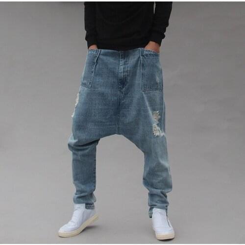 Jeans Men 2020 New Loose Large Size Denim Harem Pants Hanging Pants Pants Alternative Hole Street Dance Pants More Sizes M-4XL