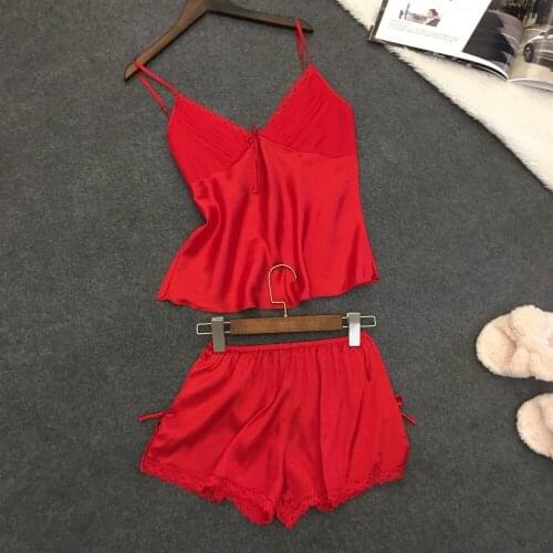 Summer style pajamas sets Women Female Sleep set Womens Deep V-neck Sexy Spaghetti Strap Shorts Sleepwear silk homewear