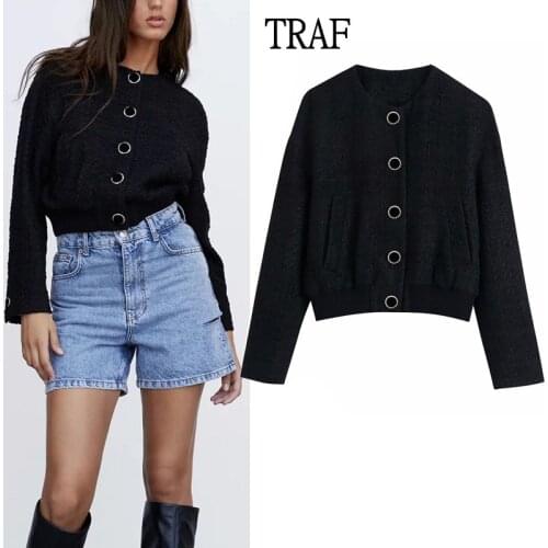 TRAF Za Women Jacket 2021 Autumn Texture Vintage Button Pockets Short Jacket Coat Women Clothing Casual Warm Chic Tops Female