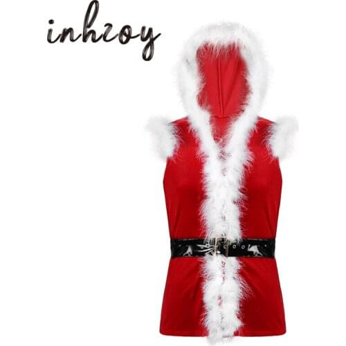 Men Christmas Costume Holiday Party Santa Claus Cosplay Dress Up Autumn Winter Faux Fur Trim Red Velvet Hooded Vest Waistcoat