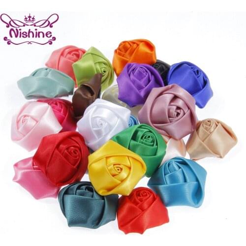 Nishine 30pcs Chic Flatback Satin Ribbon Multilayers Flower Fabric Rose Floral for Kid Pure Handmade DIY Hair Accessories
