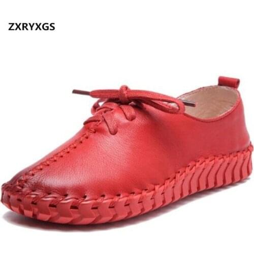 2020 New Autumn Hand-Stitched Full Genuine Leather Shoes Flat Women Casual Shoes Elegant Comfortable Women Sneakers Flat Shoes