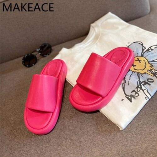 Rose red Summer womens transparent soft bread slippers leather round peep-toe slippers Woman sandals Flat slippers new mujier