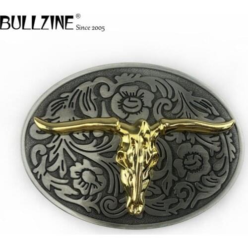 The Bullzine Bull head belt buckle with pewter finish FP-03168 suitable for 4cm width snap on belt