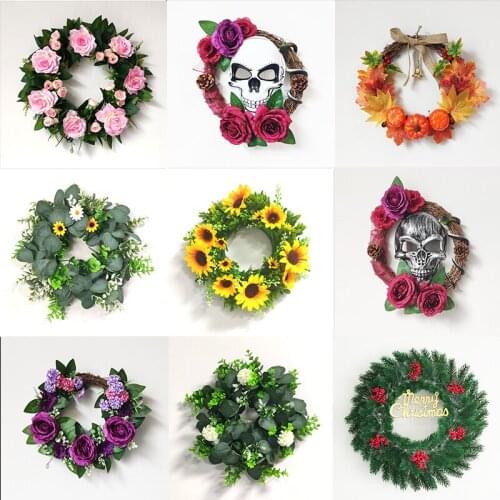 Halloween Wreath Maple Leaf Pumpkin Garland Skull Door Wreath Home Party Decoration Artificial Flower Wreath