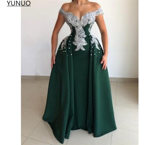 YUNUO Floor Length A-line Evening Dresses with Appliques Crystal vestido de fiesta Off Shoulder Party Prom Dress robes de soirée