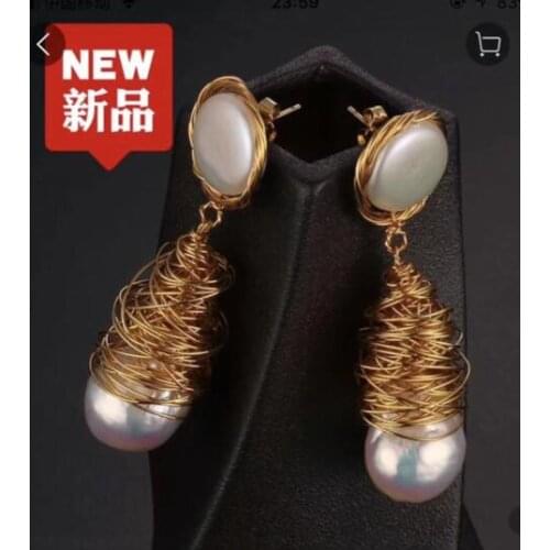 Free shipping>>>>noble jewelry Handmade natural 15-18mm SouthSea baroque pearl earring 9k