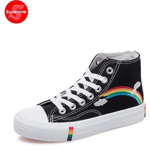Superone Women Fashion Vulcanized Shoes Women Sneakers New Retro Rainbow Canvas Shoes Ladies Flat Fashion Comfort High Top Shoes