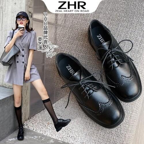 2021 Women Shoes Oxfords Genuine Leather Lace-Up Closure Ladies Brogue Flat Shoes Black
