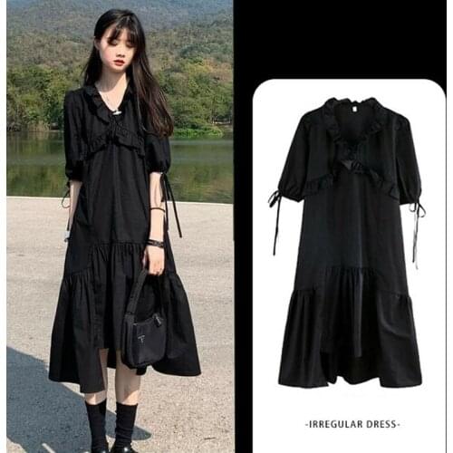 Womens Dress Black Gothic V-Neck Pullover High Waist A-Line Dress Solid Color French Irregular Skirt Spring and Autumn