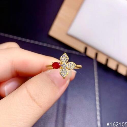925 Pure Silver Chinese Style Natural Ruby Womens Luxury Vintage Plant Adjustable Gemstone Ring Fine Jewelry Support Detection