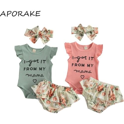 2021 0-12M Newborn Baby Girl Clothing I GOT IT FROM MY MAMA Letter Print Ruffle Knitted Romper+Layered Floral Shorts Skirt 3pcs