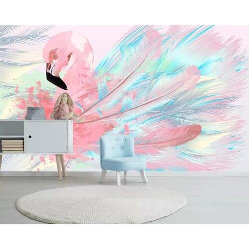 Wellyu Custom large 3d mural modern hand-painted flamingo feather living room sofa background wall 3d mural Papel de parede