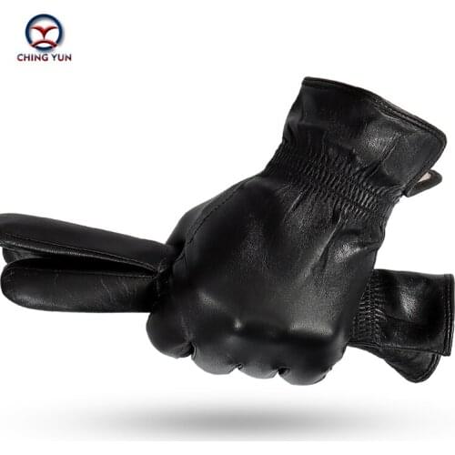 CHING YUN Winter man Sheep skin leather gloves male 70% wool lining warm soft mens Arm sleeve black men mittens leather gloves