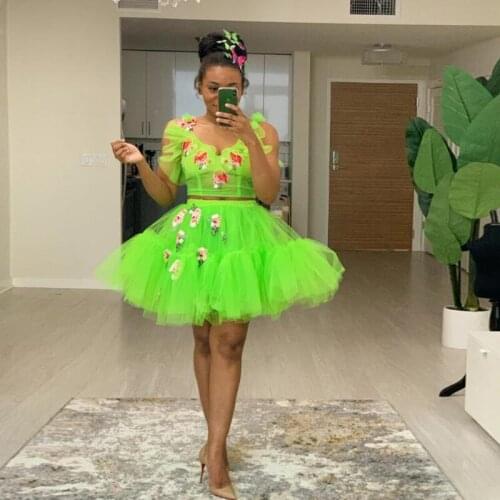 Elegant Green Puffy Short Sleeve Mini Formal Dresses Applique Tulle Evening Party Dress robe de soiree Custom Made Party Gowns
