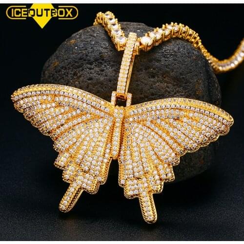 ICEOUTBOX Women Jewlery Animal Butterfly Pendant Necklace AAA Cubic Zircon Mens Hip Hop Fashion Rock Jewlery Gift Charm Gold