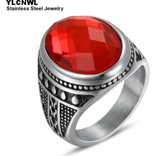 316L Stainless Steel Red Crystal Rings For Men Male Oval Stone Jewelry Finger Fashion Party Birthday Gift