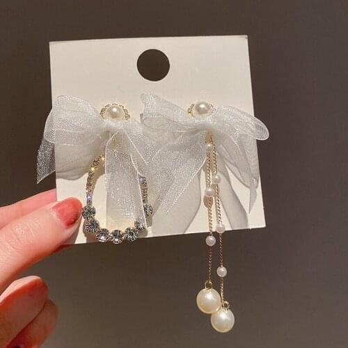 Korean Kawaii Chiffon Pearl Bowknot Tie Dangle Drop Earrings for Women Wholesale Sweet Summer Fashion Jewelry Dropshipping