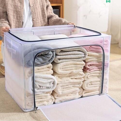 Clothes storage box, clothes storage box, large transparent folding storage box, dormitory artifact, household strip steel frame