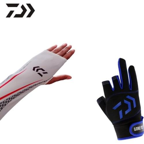 Daiwa Dawa Summer Sunshield Package UV Protection Cool Arm Sleeves Sports Gloves 3 Cut Fingers Fishing Hunting Hiking Outdoor