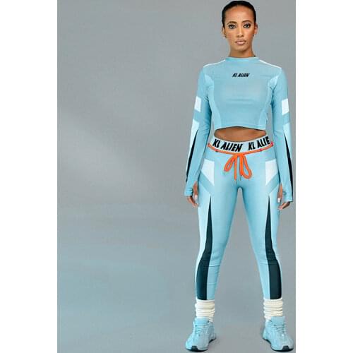 Fashion Fitness Tracksuit Two Piece Set Women Elastic Letter Print Skinny Long Sleeves Crop Top Slim Leggings Sportswear Suit