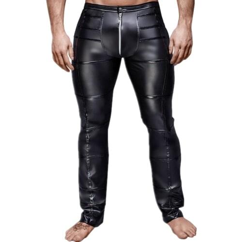Mens Skinny Wetlook Shiny Black PU Leather Trousers For Male Trouser Stage Club Wear Biker Pants Gay Wear
