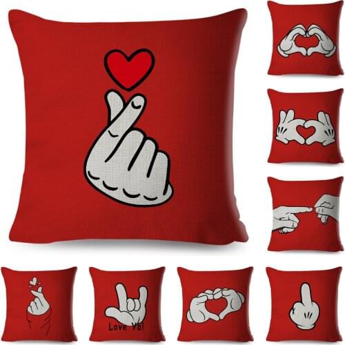 Nordic Style Finger Gesture Cushion Cover Decor Cartoon Red Print Love Pillowcase for Sofa Home Children Room Pillow Case 45x45