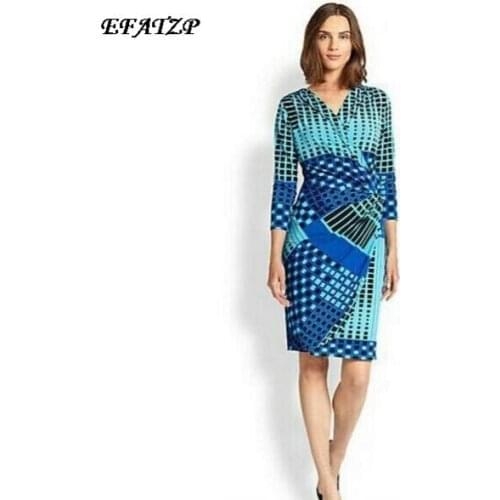 2015 New Arrival Stretch Jersey Silk Dress Womens V-Neck Multicolor Geometric Print Plus Size XXL Stretchable Vestido