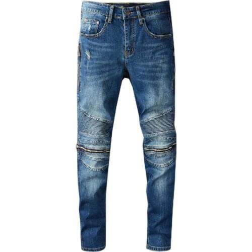 New mens male trousers blue High street fashion brand punk style blue distressed zipper jeans trend slim slimming denim pants