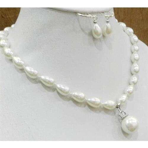 Wholesale Good Teardrop White 9x13mm Akoya Cultured Shell Pearl Necklace Earring 14mm Pendant 18 Inch Genuine Lucky Ladys Jewel