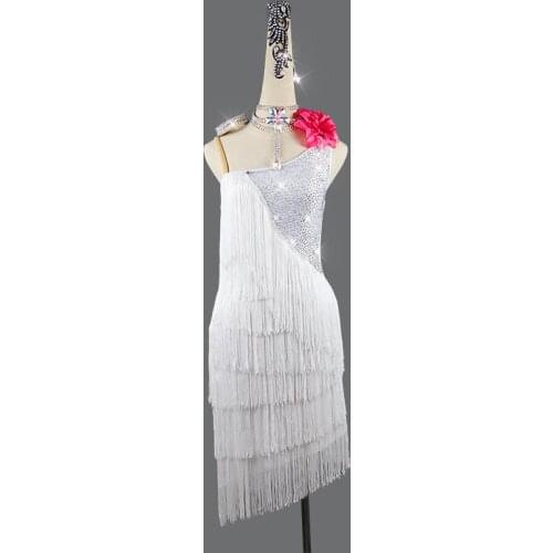 Latin dance dress sexy white fringed skirt adult ladies childrens performance clothes women Sleeveless diamond dance Costumes