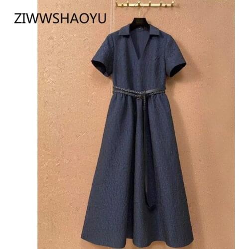 ZIWWSHAOYU Fashion Women Summer Vintage Party Long Dress V-Neck Short Sleeve Jacquard Solid Dresses Vestdios 2021