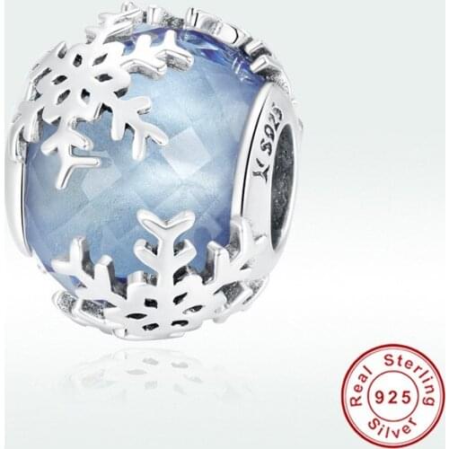 Genuine original 925 sterling silver blue glass crystal snowflake beads fit bracelet charm making DIY accessories jewelry