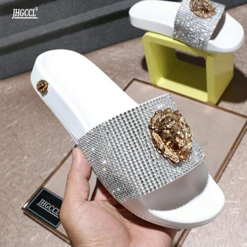 Luxe rhinestone slippers summer new couples flip flops brand designer leisure beach slippers male chaussure homme luxe marque T6